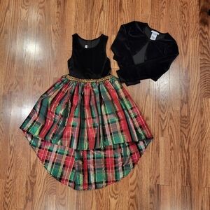 Bonnie Jean Black Velvet & Plaid high low dress Sz8